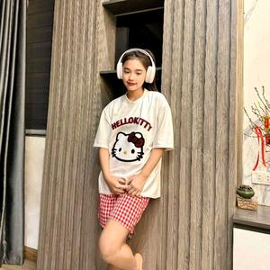 Bộ Mèo Thêu Mèo Hello Xù Mix Quần Kẻ Đỏ Chất Mềm Mát - Nữ Chất Cotton Quần Vải Kẻ