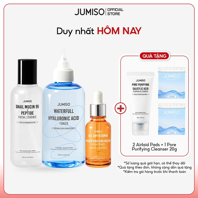  Jumiso Bộ 3 Sản Phẩm Giúp Dưỡng Trắng Cấp Ẩm Ngăn Ngừa Lão Hóa Best Seller Set Tinh Chất Dưỡng Sáng Mờ Thâm 30ml Waterfull Hyaluronic Acid Toner 250ml & Snail Mucin 95+ Peptide 140ml 