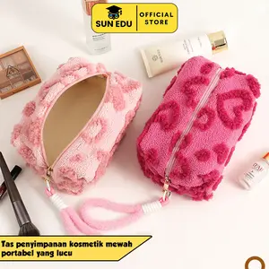 Tas Makeup & Organizer Berbulu Bludru Love Lucu | Tas penyimpanan cosmetic pouch jacquard portabel Manik