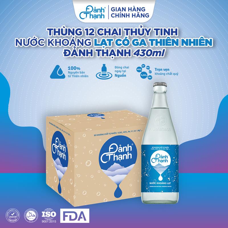 Nước khoáng lạt có ga Đảnh Thạnh, bù khoáng chất tự nhiên - Thùng 12 chai thủy tinh 430ml