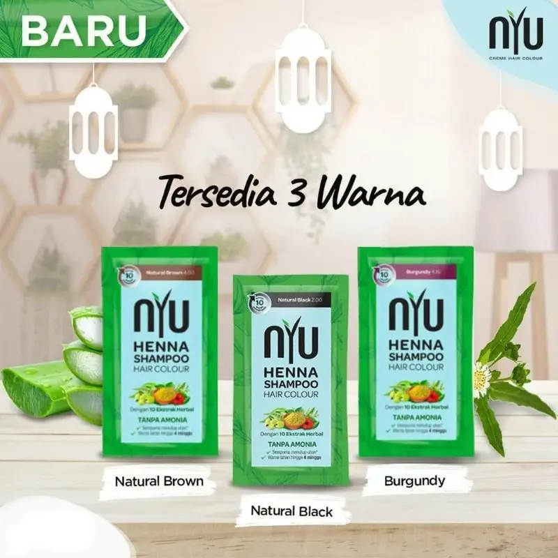 NYU HENNA SHAMPO 1BOX ISI 4 PCS NYU Henna Shampoo Hair Colour Color / Shampo Pewarna Rambut / Semir Cat Rambut Per Sachet 20ml permanen 6
