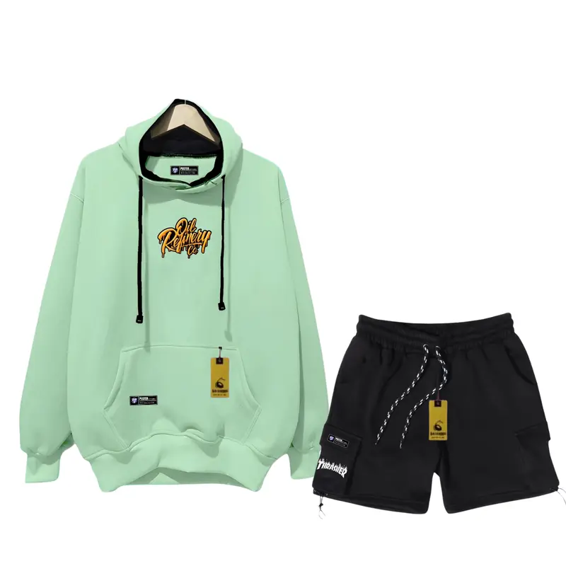 Oneset Hoodie Celana Pendek Pria Wanita Distro Stelan Sweater Celana Cargo Bahan Flece Brend Puster Apparel Size M L XL XXL Dewasa Hitam Setelan Polos Unisex Katun Crewneck 3
