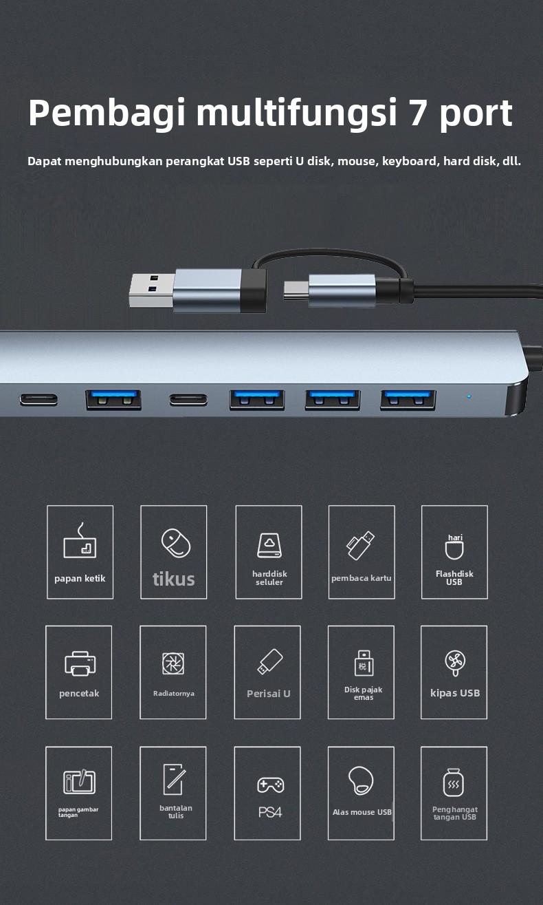 Hub 7-in-1 USB Type C USB 3.0 & 2.0 Kecepatan Maksimum 5Gbps untuk PC Laptop Telefon dan Tablet Computer Card