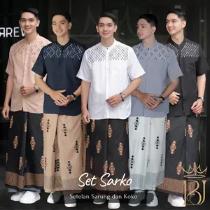 Setelan SARKO Sarung Dan Baju Koko Muslim Pria Lengan Pendek Motif Bordir Diamon Sarung Motif Sarang Tawon