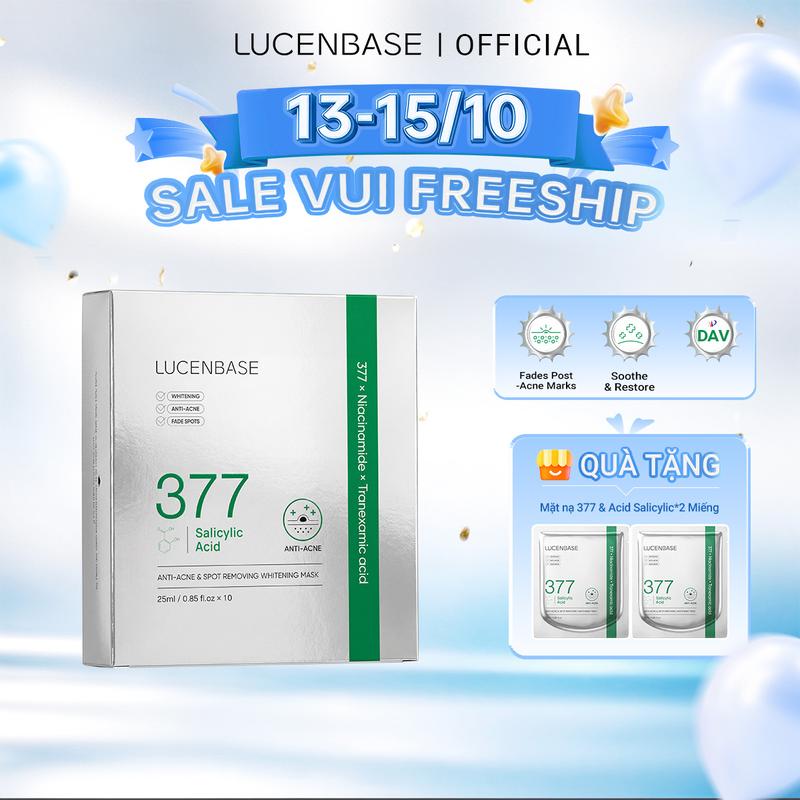 [HÀNG MỚI1]LUCENBASE Mặt nạ 377 Axit Salicylic hỗ trợ trị mụn,mờ thâm nám, sáng da 1 Hộp 10 Miếng 25ml/Miếng