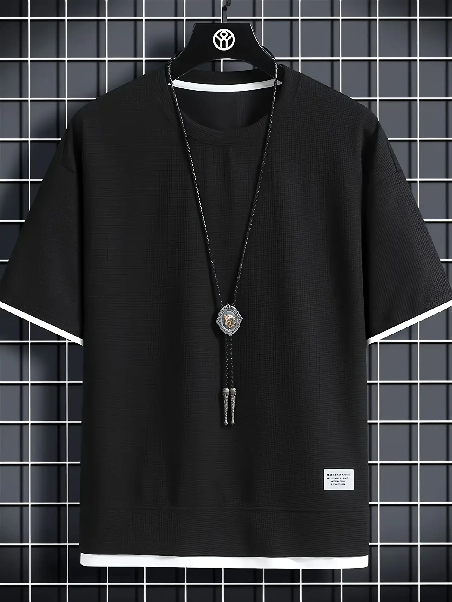 Summer outdoor, men's casual short-sleeved crew-neck T-shirt, high-quality waffle check monochrome vintage style
