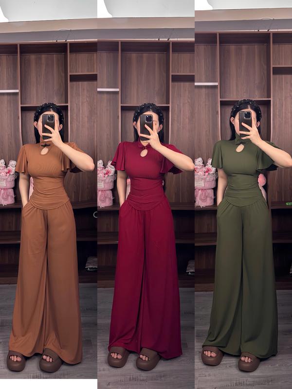 Set Đồ Đẹp - Áo Thun Nữ Cổ Tàu Mặc Tết & Quần Ống Rộng Thời Trang Thiết Kế Độc Đáo Phù Hợp Dịp Tết Thanh Lịch & Thoải Mái
