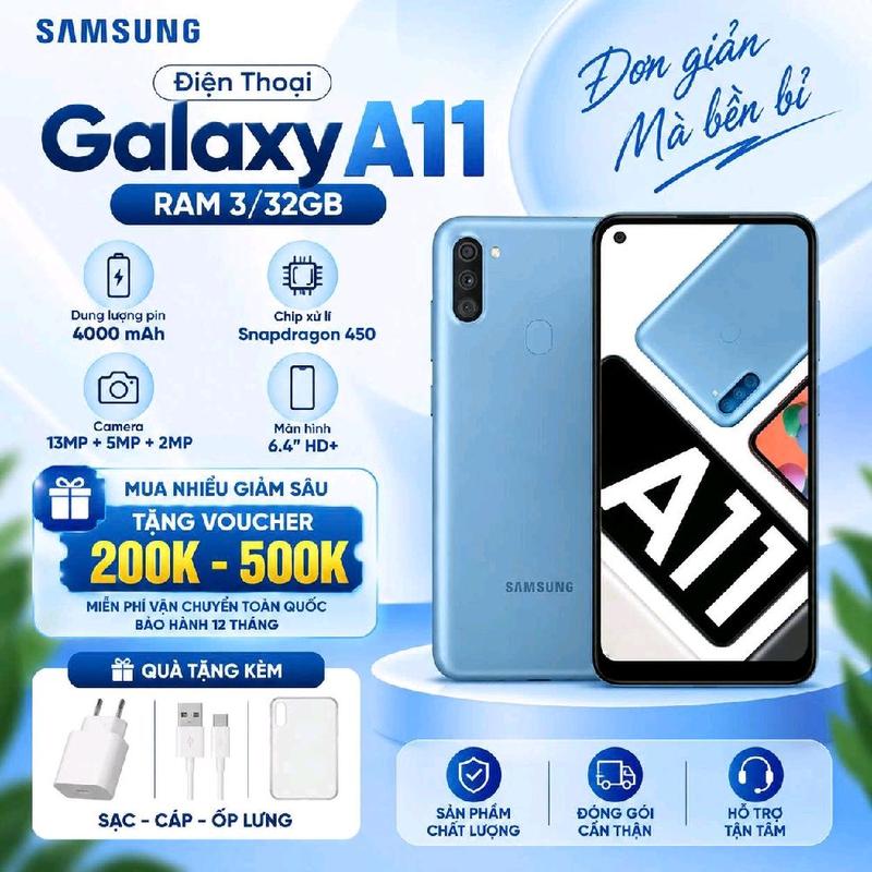 42: 2ND HAND : Điện Thoại Samsung Galaxy A11 Ram 3/32GB ,Màn Hình Lớn 6.5ind ,Pin 4300Mah ,Sử Dụng 2xim 2 sóng ,lướt Wed Xem Fim Chơi Game Mượt Mà , Bảo Hành 12 tháng ,Tặng Sạc Cáp Ốp Lưng ,Sài được mọi áp ngân hàng ạ