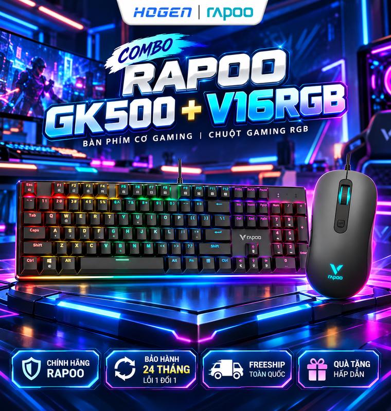 Combo Phím Cơ Rapoo GK500 + Chuột V16RGB Có Dây, Thiết kế Công Thái Học, Led RGB sống động, Độ Nhạy Lên Tới 12800 DPI, Phù Hợp Cho Dân Gaming và Văn Phòng