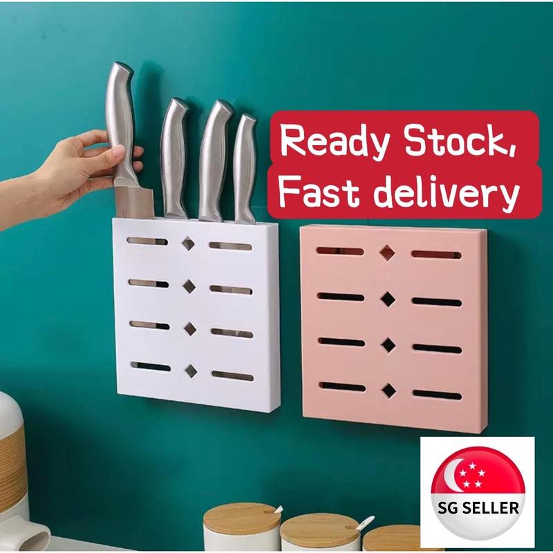 [SG SELLER] Wall-Mounted Adhesive Drain Knife Rack Holder Storage Container Cutlery Organizer for Kitchen 0