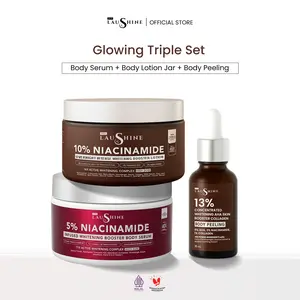 Laushine - Glowing Triple Set - Paket  Bundling Body Serum + Body Lotion Jar +Skin Booster Body Peeling  - Membantu Mencerahkan Tubuh