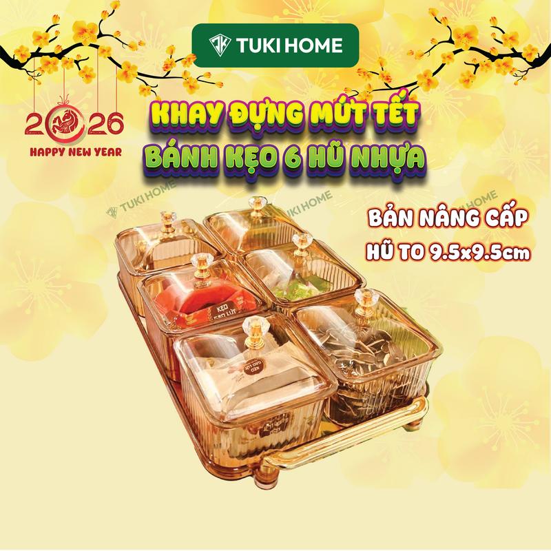  Khay đựnġ mứt Tết 2026 bộ 6 hũ nhựa VÂN SỌC KHAY NHỰA Màu Vàng Hổ Phách có nắp khay đựnġ bánh kẹo các loại hạt có tay cầm để phòng khách sang trọng 
