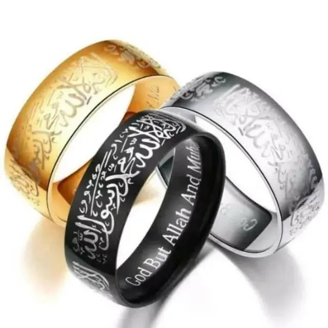 Cincin Tauhid couple Muslim lafadz ukir kaligrafi Dan Sisi Rata Polos Titanium Stainless Steel anti karat selamanya 1