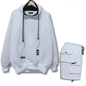 ( Beli Lokal ) Satu Stel Hoodie Cargo Pendek Pria Wanita Unisex Warna Putih Bestseller Bahan Katun Fleece Adem Dan Lembut Gramasi 280 Setelan Hodie Celana Pendek Cargo Premium Ukuran Jumbo Size M-L-XL-XXL Outfit Cowok Cewek Simple