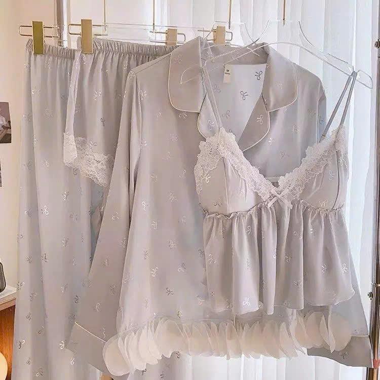 N275- Sét 4 món lụa vân gấm phối cánh hoa cho nữ- Bộ ngủ mặc nhà cho nữ hàng quảng châu cao cấp ( women)