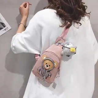Tas Pinggang Waistbag Selempang SlingbagAnak Wanita Printed Bear Lucu Impor Kanvas 1