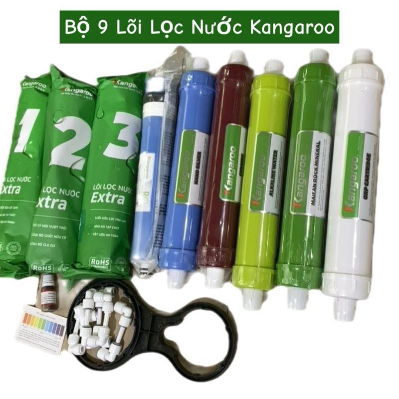 Trọn bộ 9 lõi kangaroo 1,2,3,4,5 ,6,7,8,9 bao gồm lõi 1 pp5 lõi 2 than hoạt tính GAC lõi 3 Pp 1,lõi 4 RO khoáng Nano Ceramic,Mineral,Alkaline,ORP dùng cho máy lọc nước RO ,lọc tạp chất cặn bẩn nâng cao ph bổ sung khoáng chất tạo vị ngọt trong nước