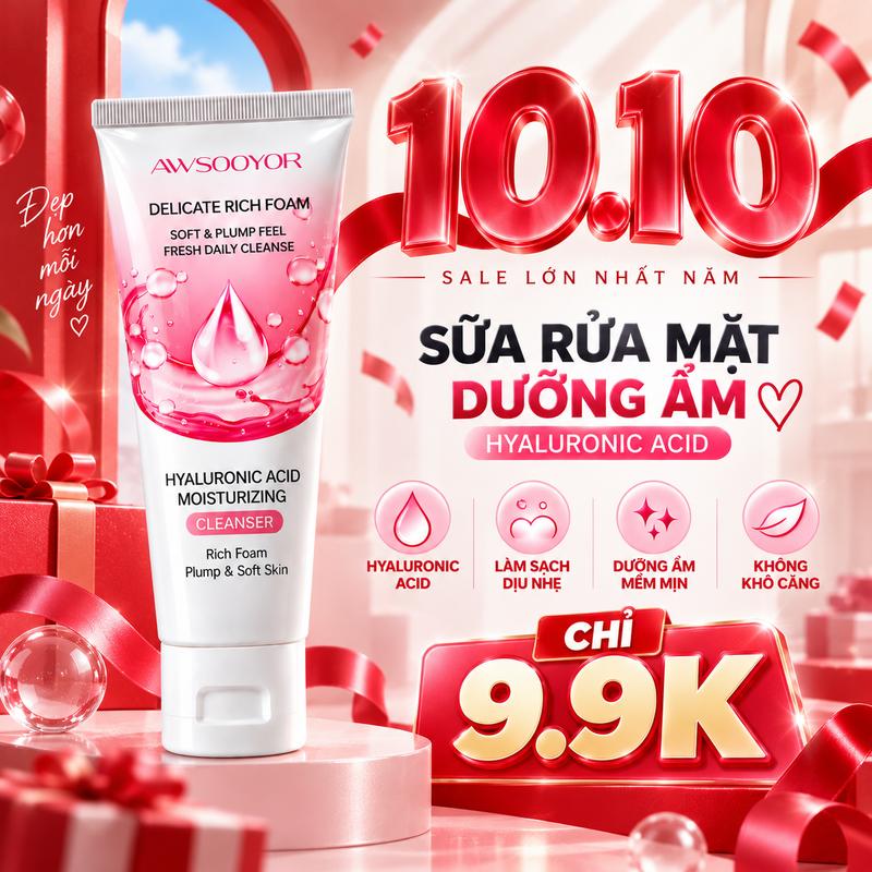 Sữa rửa mặt dưỡng ẩm Hyaluronic Acid  làm sạch hằng ngày, 60g, bọt mịn bao phủ nhẹ nhàng, phù hợp da thường đến da khô, da dễ chịu mỗi ngày