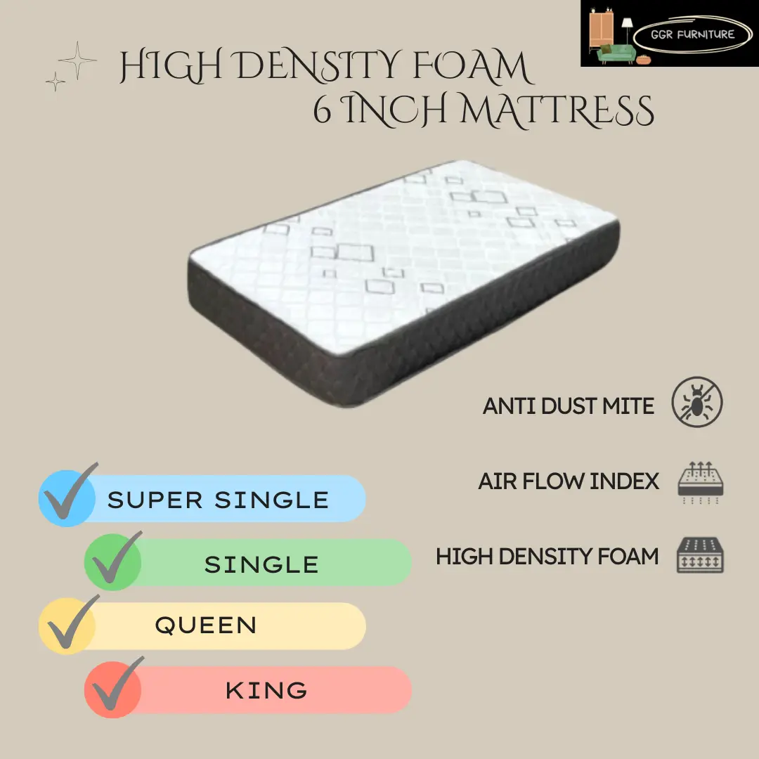 GGR Furniture High Density Foam 6 Inch Mattress - Single, Super Single, Queen, King Size