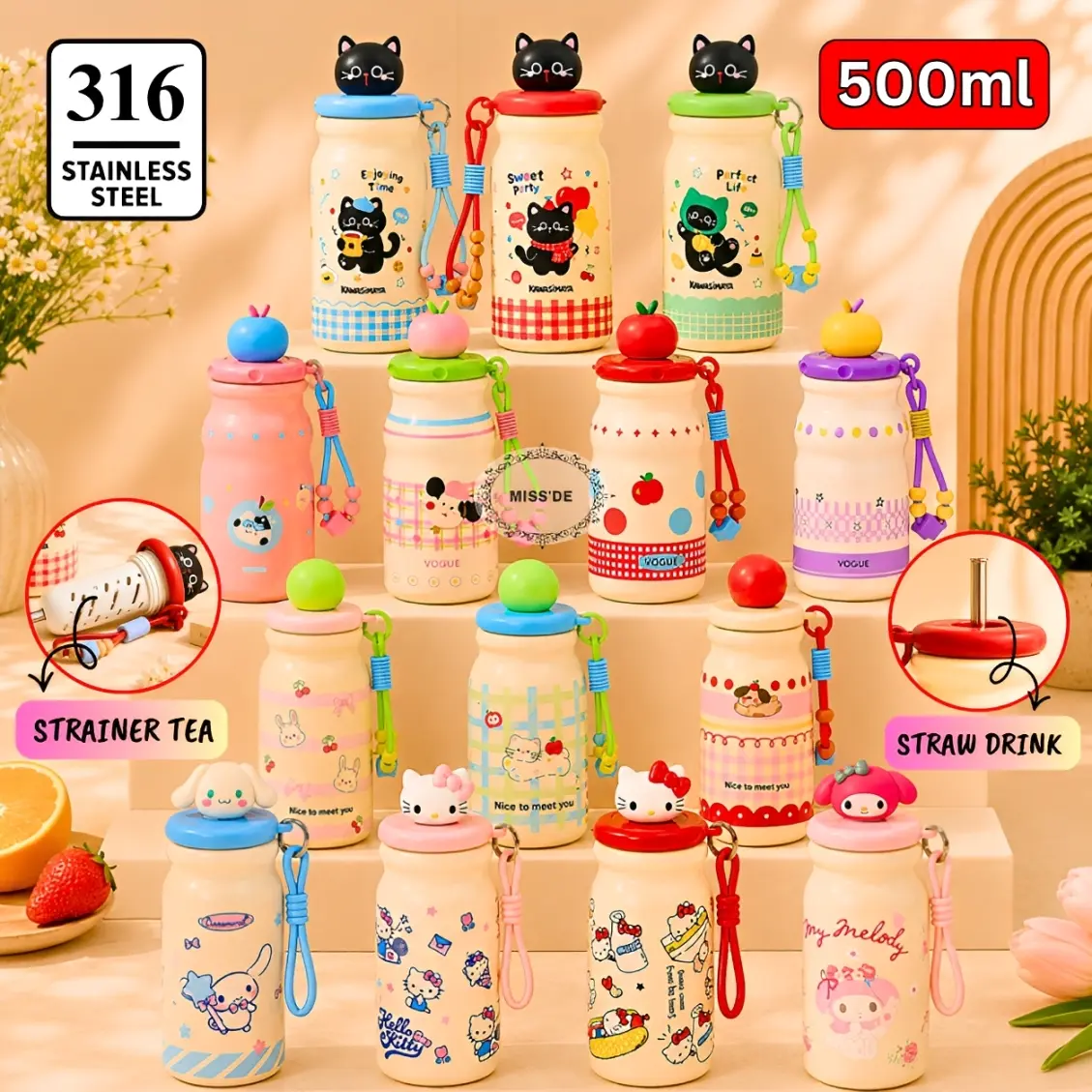 Water Bottle Stainless Steel 500ml / Botol Minum / Tumbler With Straw Chika Candy Ceysa Rio