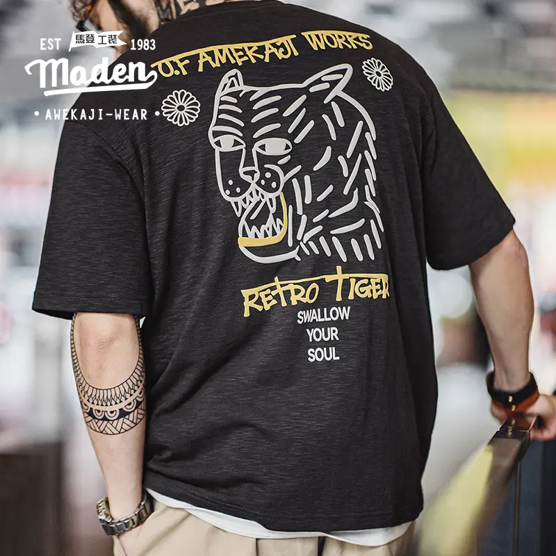 MADEN-Áo Thun Tay Ngắn Cổ Tròn Thoáng Khí Cho Nam, Phong Cách Bảo Hộ Lao Động, Thanh Niên, Mùa Hè, Hip Hop Mới, Mỹ, Giải Trí, Hổ, In Nổi, Tay Lửng