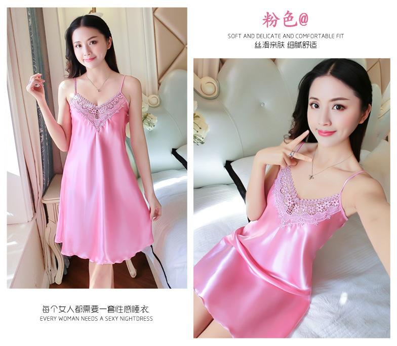 Product Introduction of 2021 New sexy camisole nightgown for women, deep V-shaped backless imitation silk pajamas, lace Japanese home clothing, cross-border 5