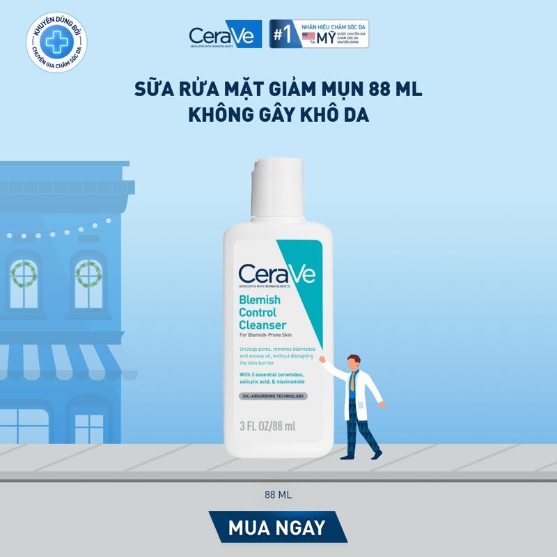 FlashSale Sữa rửa mặt giảm mụn CeraVe Blemish Control Cleanser 88ml. Sữa rửa mặt dịu nhẹ giúp làm sạch bã nhờn dư thừa và giảm mụn với AHA & BHA không làm tổn thương hàng rào bảo vệ da. DÙNG CHO DA MẶT_ Chăm sóc da_Skincare cho Nam và Nữ_Cleansing