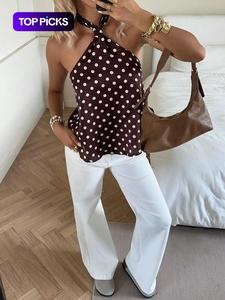 Top de fiesta para mujer, blusa halter con lazo en la espalda y estampado de lunares, sin tirantes, estilo casual para la playa, ideal para primavera y verano
