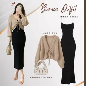1 set Bianca Outfit Setelan Oneset Kekinian remaja 3in1 (Dress + Cardigan + Tas) OOTD Korean style Looks kece AMO12