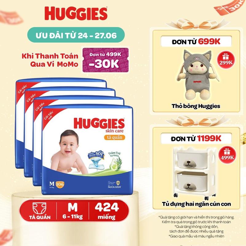Combo 4 gói Tã quần Huggies Skincare Mega Jumbo Size M106/L96+8/XL84+4/XXL76+4