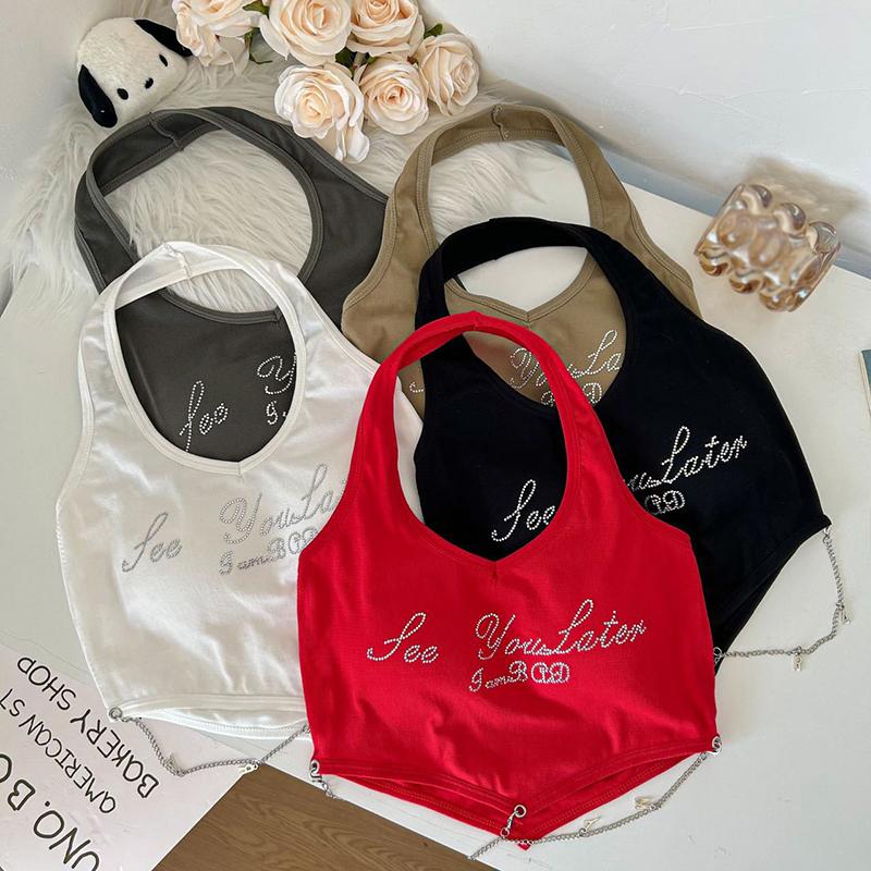 Áo Ba Lỗ Hở Eo, Dành Cho Nữ, Dây Chuyền Xích, Cổ Yếm, Hở Lưng, Không Tay, Viền Bất Đối Xứng Vừa Vặn, In Hình, Có Đệm, Áo Yếm Nhỏ