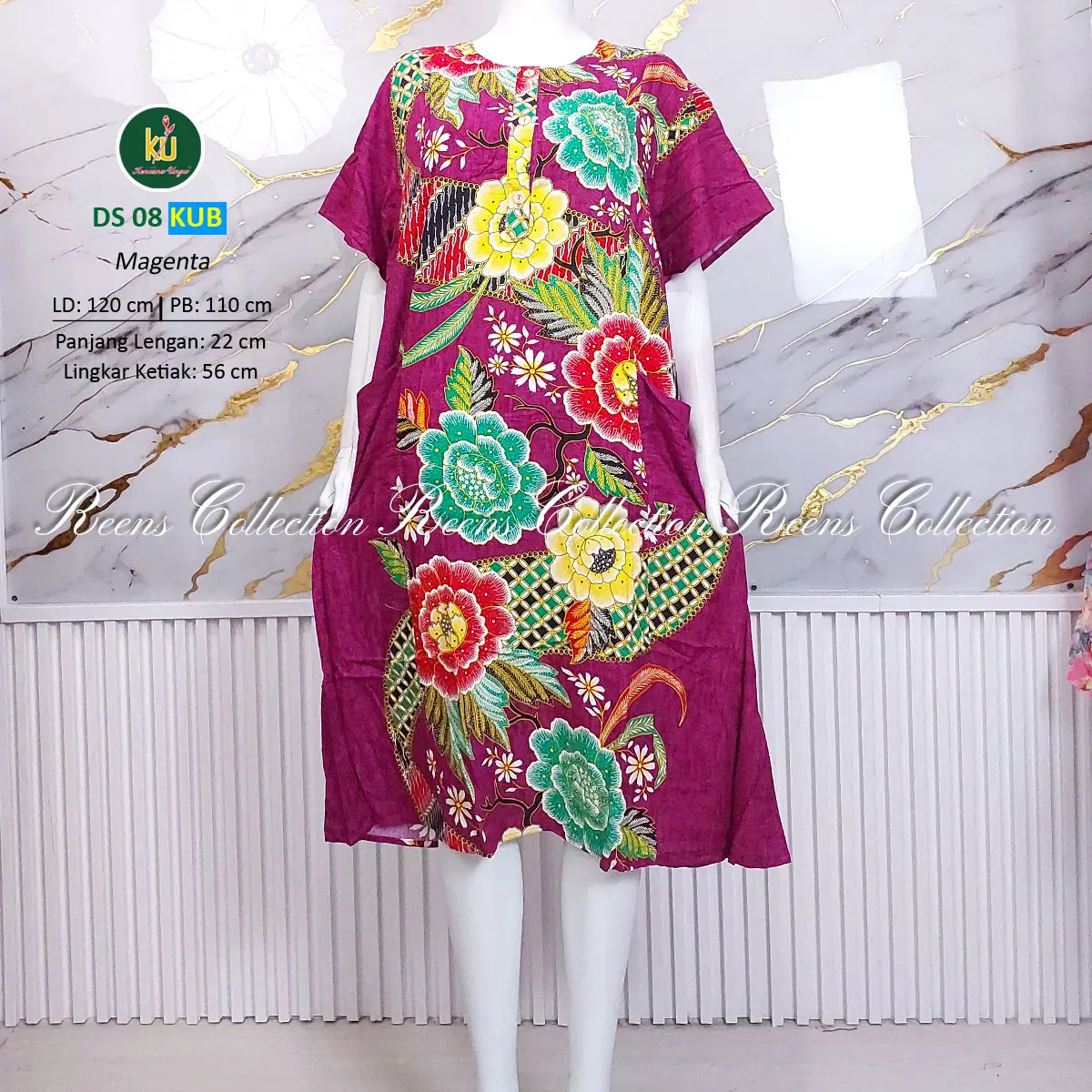 Kencana Ungu Label Biru Daster 08 KUB Daster Busui 3 Kancing Depan Lengan Pendek 2 Saku Di Bawah Lutut Motif Rayon