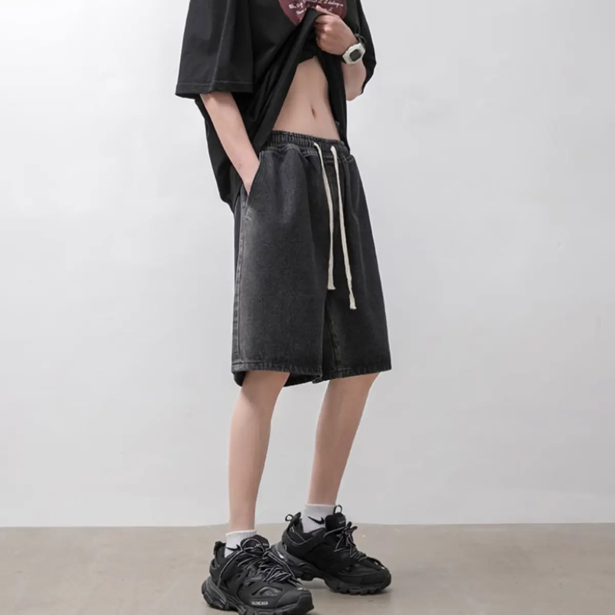 Celana pendek pria celana jeans pria celana pinggang karet celana hitam loose pants wide leg jeans oversize