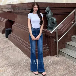 Celana Highwaist Cutbray Retro Whisker Jeans Wanita Stretch Denim Panjang