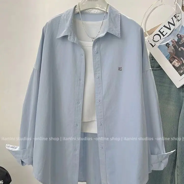 Pink shirt spring outfit new Korean version loose slimming letter lazy long sleeved shirt jacket top
