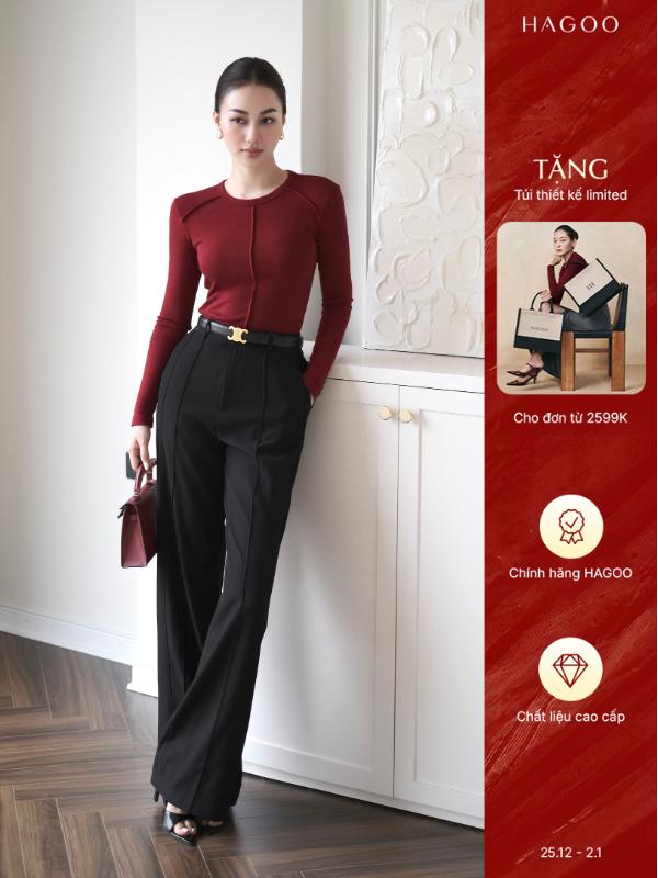 HAGOO Áo thun cổ tròn phối gân nổi ôm body hai màu đen đỏ thanh lịch A479 Nữ Top Women Umi