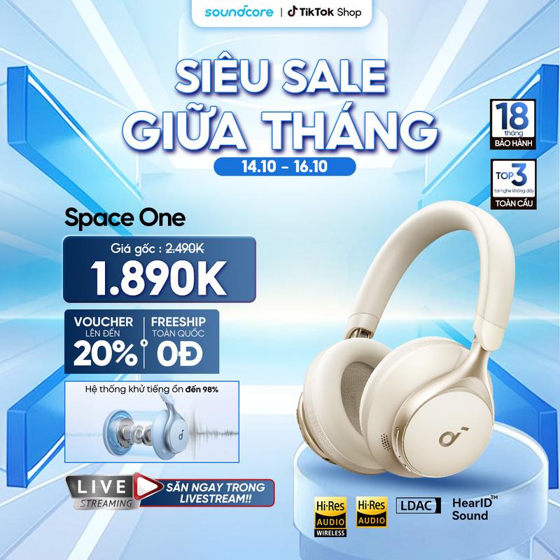 Tai nghe bluetooth chụp tai Soundcore Space One | Âm thanh Hi-res | Giảm ồn 98% | 55 giờ phát nhạc| Dịch thuật AI trên App- Tai nghe không dây headphone chụp tai -Bảo hành 18 tháng- Hàng chính hãng