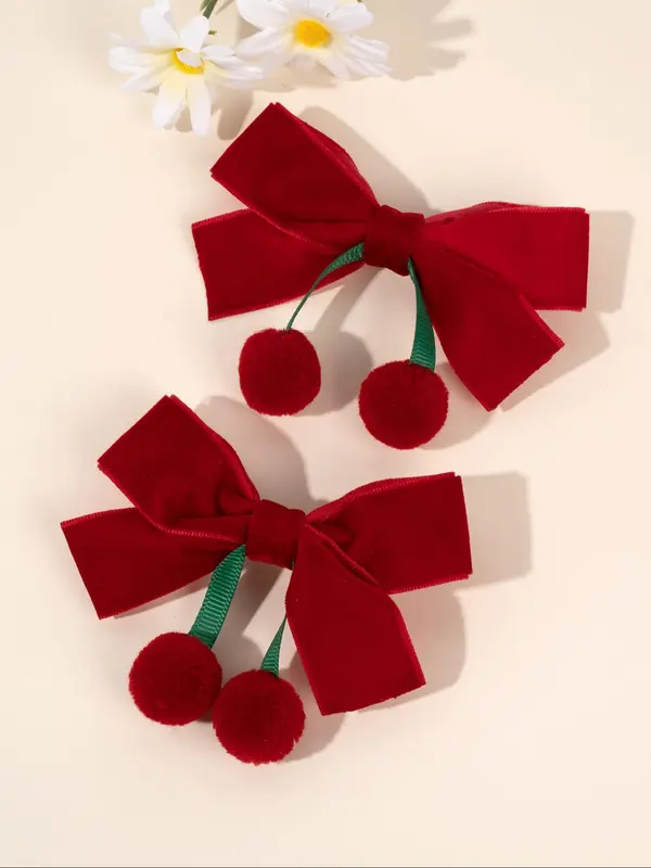 Cute Cherry Decor Hair Bows, Velvet Bowknot Hair Clips, Fashionable Hair Accessories for Girls, Minimalist Headwear Suitable for Thick Hair 5
