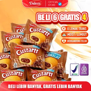 Dalezz Custartt Bolu Isi Krim Mini 4 Varian Rasa Cokelat Krim Stroberi Custard (Telur Susu) Camilan Lembut Manis dan Halal