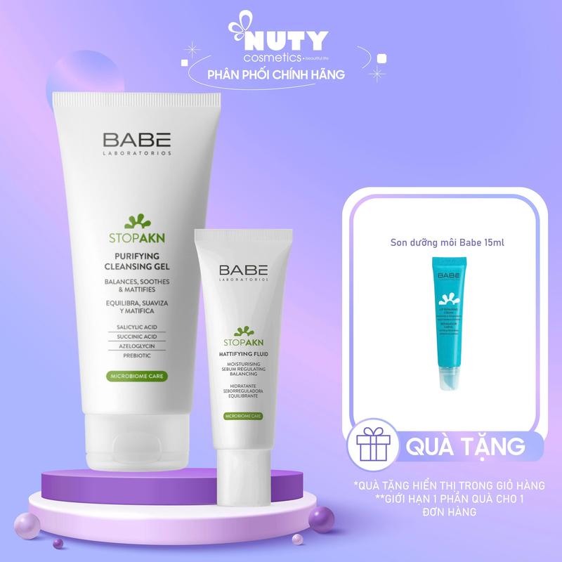 [Tặng son dưỡng] Combo Sữa Rửa Mặt Cho Da Dầu Mụn Babe Stop AKN 200ml + Kem Dưỡng Babe Stop AKN Mattifying Moisturiser 50ml | NUTY cosmetics beautiful life
