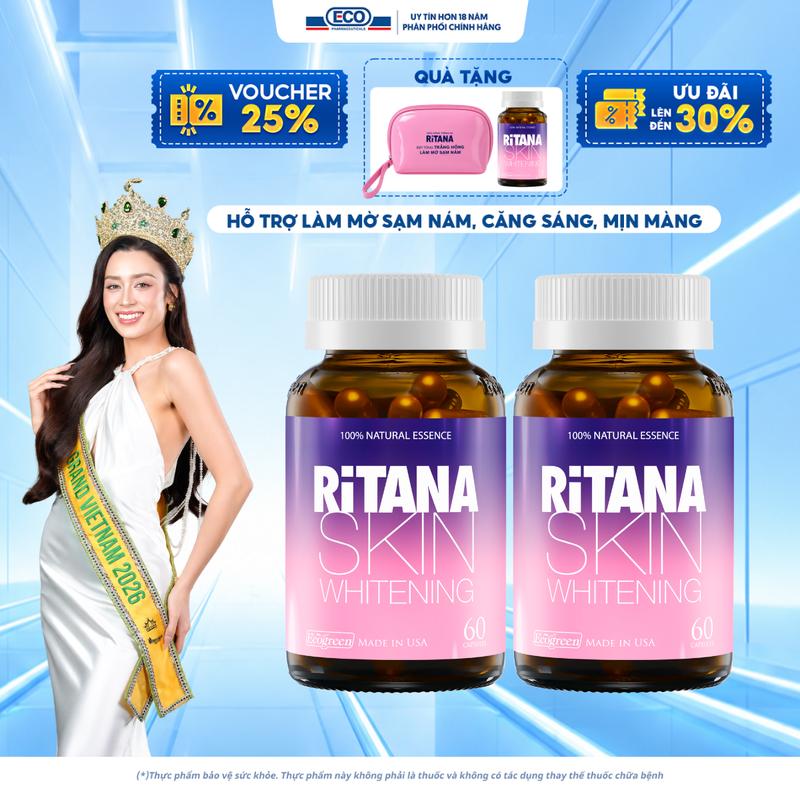 [Tặng 15v] Combo 2 Hộp 60v - Viên Uống Trắng Da RITANA Ecogreen Chứa Glutathione, Hỗ Trợ Mờ Nám, Chống Nắng Da