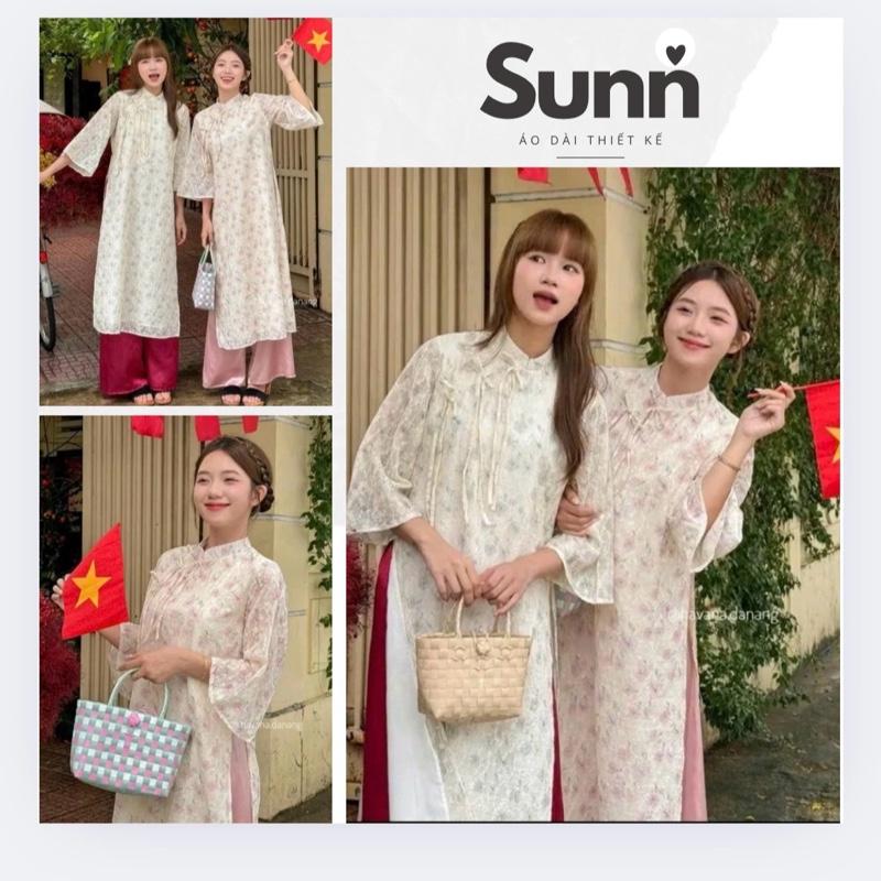 ￼Áo dài voan tơ TỬ KỲ in hoạ tiết hoa nhỏ pastel phối dây buộc nơ cách điệu kèm quần satin 0