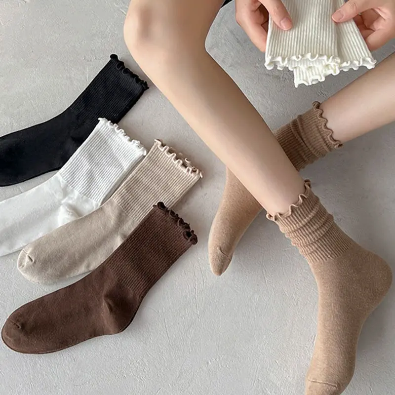 Spring Korea Pure Cotton Fabric  Mid Tube Socks  Internet Celebrity Trend Lace Socks Casual Pure Color Soft Socks For Women