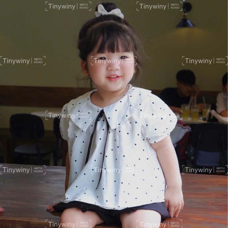 E101 Tiny Winy - Sét áo cổ sen chấm bi + quần bí cho bé gái