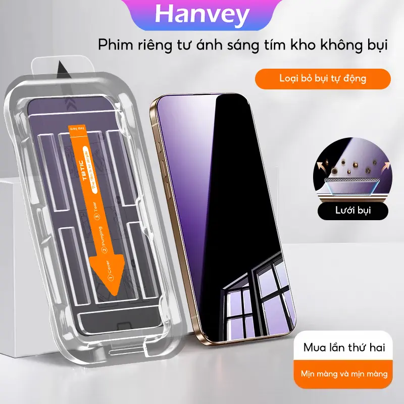 [Hanvey] Màn hình bảo vệ quyền riêng tư chống ánh sáng xanh bằng kính cường lực, tự động căn chỉnh, tự động loại bỏ bụi, bao phủ toàn màn hình, dành cho iPhone 16, 14, 15, 13, 12, 11, Plus, ProMax, XR, X, XS, XSMAX.