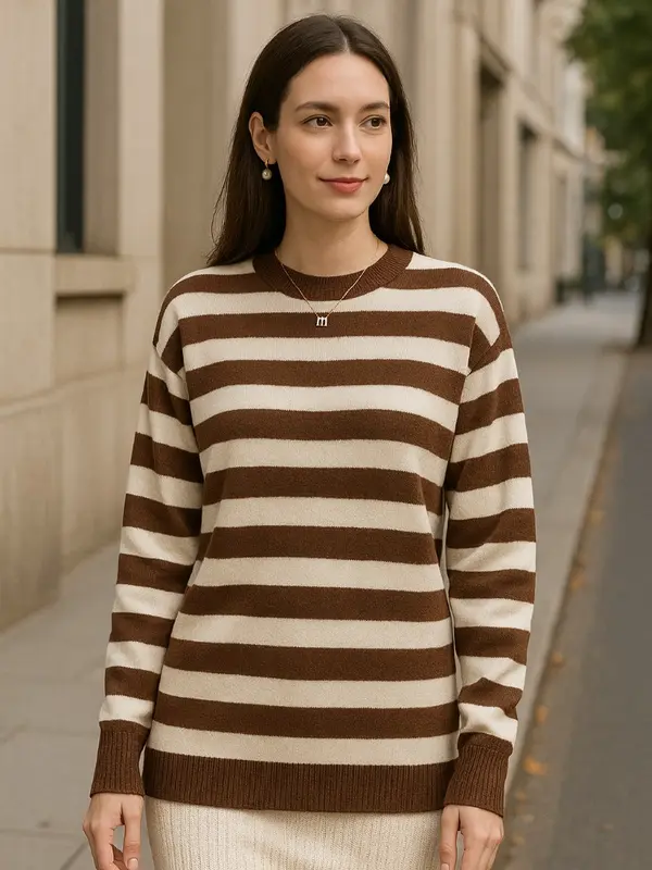 Women Merino Wool Sweater, Round Neck, Strip Pullover, Color Matching, Casual Knitted, Bottoming 1