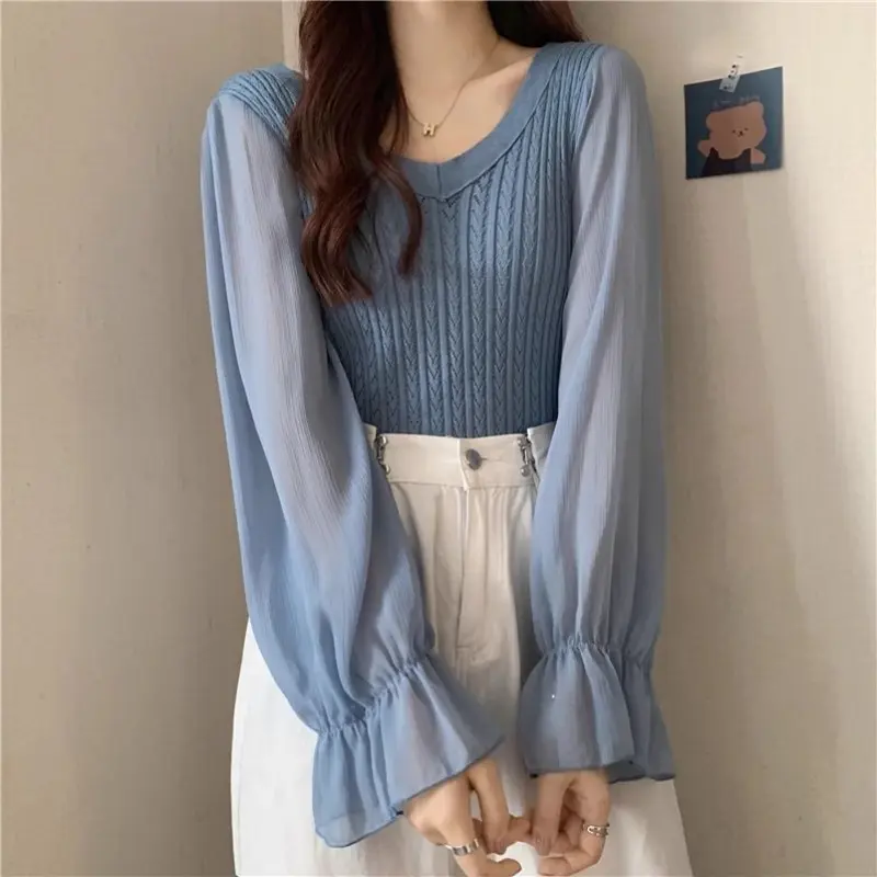 T Shirt Wanita Rajutan Chiffon Top Longgar Lentera Lengan Chiffon Dijahit Atas V-Neck cardigan  korea maudy  sweater 3