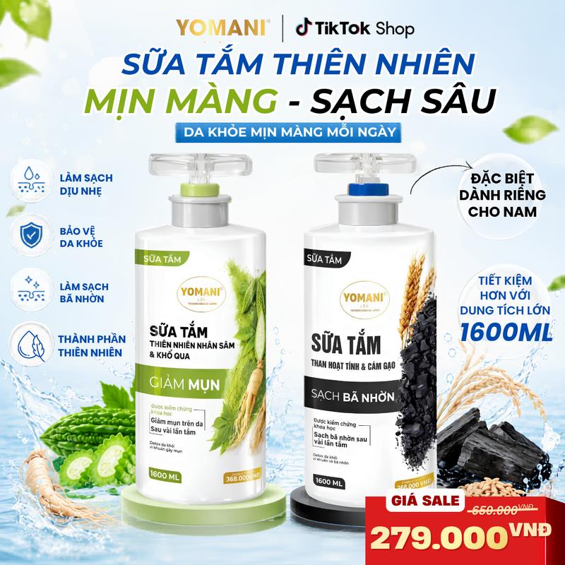 Bộ đôi sữa tắm YOMANI 1600ml – Khổ Qua Nhân Sâm & Than Hoạt Tính Cám Gạo, hỗ trợ