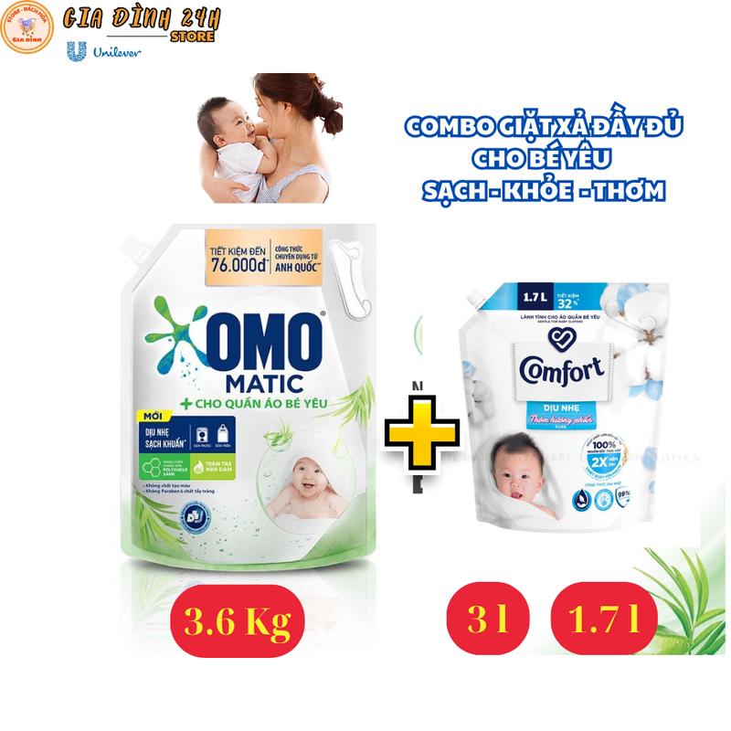Combo Nước Giặt Xả OMO Matic Cho Quần Áo Bé Yêu & Comfort Dịu Nhẹ An Toàn Cho Da Bé Giúp Giặt Sạch Hiệu Quả An Toàn Cho Bé