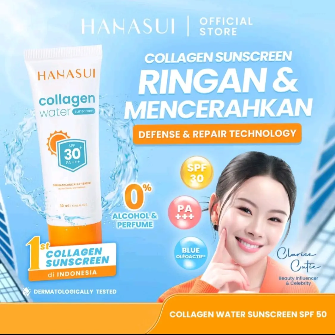 HANASUI SUNSCREEN Collagen Water SPF 30 PA+++ Tanpa Parfum dan Whitecast - Niacinamide/ Mencerahkan/ Perawatan/ Vitamin/ Wajah